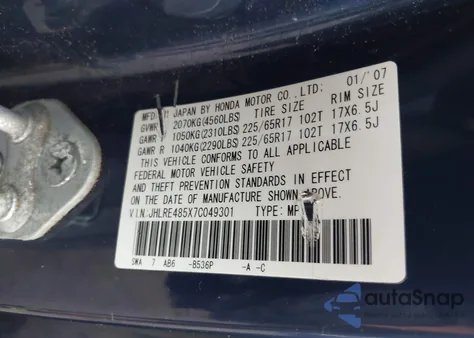 2007 Honda Cr-V Ex из США, поврежденный, VIN JHLRE485X7C049301